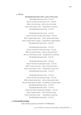 68
แนวทางการจัดกิจกรรมการเรียนรู฾ “ลดเวลาเรียน เพิ่มเวลารู฾” ชั้นปะถมศึกษาปีที่ 1 - 3
๒. เนื้อเพลง
Old MacDonald had a farm. Lyrics of the song:
"Old MacDonald had a farm E-I-E-I-O
And on his farm he had some chic E-I-E-I-O
With a chic-chic here And a chic-chic there
Here a chic there a chic. Everywhere a chic-chic.
Old MacDonald had a farm E-I-E-I-O
Old MacDonald had a farm E-I-E-I-O
And on his farm he had some ducks E-I-E-I-O
With a quack-quack here. And a quack-quack there
Here a quack there a quack. Everywhere a quack-quack..
Old MacDonald had a farm E-I-E-I-O."
Old MacDonald had a farm E-I-E-I-O
And on his farm he had some pigs E-I-E-I-O
With an oink-oink here. And an oink-oink there
Here an oink there an oink. Everywhere an oink-oink.
Old MacDonald had a farm E-I-E-I-O.
Old MacDonald had a farm E-I-E-I-O
And on his farm he had some cows E-I-E-I-O
With a moo-moo here. And a moo-moo there
Here a moo there a moo. Everywhere a moo-moo.
Old MacDonald had a farm E-I-E-I-O
Old MacDonald had a farm E-I-E-I-O
And on his farm he had some dogs E-I-E-I-O
With an baoo-waoo here. And an baoo-waoo there
Here an baoo there an baoo. Everywhere an baoo-waoo.
Old MacDonald had a farm E-I-E-I-O.
Old MacDonald had a farm E-I-E-I-O
And on his farm he had some donkeys E-I-E-I-O
With a hee-haw here. And a hee-haw there
Here a hee there a haw. Everywhere a hee-haw .
Old MacDonald had a farm E-I-E-I-O.
8. อ้างอิงแหล่งที่มาของข้อมูล
https://www.youtube.com/watch?v=nFX98pqzb3o
 