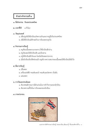 87
แนวทางการจัดกิจกรรมการเรียนรู฾ “ลดเวลาเรียน เพิ่มเวลารู฾” ชั้นปะถมศึกษาปีที่ 1 - 3
1. ชื่อกิจกรรม รักเธอประเทศไทย
2. เวลาที่ใช้ ๘ ชั่วโมง
3. วัตถุประสงค์
1. เพื่อปลูกฝใงให฾นักเรียนเกิดความรักและภาคภูมิใจในประเทศไทย
2. เพื่อให฾นักเรียนมีทักษะด฾านการร฾องเพลงปลุกใจ
4. กิจกรรมการเรียนรู้
1. ครูเขียนเนื้อเพลงบนกระดาน ให฾นักเรียนฝึกอ฽าน
2. ครูเปิดเพลงให฾นักเรียนฟใง และร฾องตาม
3. ครูให฾นักเรียนฝึกร฾องเอง โดยไม฽เปิดเพลงประกอบ
4. เมื่อนักเรียนร฾องได฾คล฽องแล฾ว ครูอธิบายความหมายของเนื้อเพลงให฾นักเรียนได฾เข฾าใจ
5. สื่อการเรียนรู้
1. เนื้อเพลง
2. เครื่องเล฽นซีดี/ คอมพิวเตอรแ/ คอมพิวเตอรแพกพา เป็นต฾น
3. แผ฽นเพลง
6. การวัดและประเมินผล
1. สังเกตพฤติกรรมการมีส฽วนร฽วมในการทากิจกรรมของนักเรียน
2. สังเกตความตั้งใจในการร฾องเพลงของนักเรียน
7. ภาพประกอบ
ตัวอย่างกิจกรรมที่ 2
 
