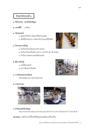 90
แนวทางการจัดกิจกรรมการเรียนรู฾ “ลดเวลาเรียน เพิ่มเวลารู฾” ชั้นปะถมศึกษาปีที่ 1 - 3
1. ชื่อกิจกรรม สมาธิเสริมปัญญา
2. เวลาที่ใช้ ๑ ชั่วโมง
3. วัตถุประสงค์
1. รู฾และเข฾าใจวิธีการนั่งสมาธิได฾อย฽างถูกต฾อง
2. เพื่อให฾นักเรียนนาการนั่งสมาธิไปประยุกตแใช฾ในชีวิต
4. กิจกรรมการเรียนรู้
1. นักเรียนสวดมนตแและแปลความหมาย
2. นักเรียนทาสมาธิในอิริยาบถต฽าง ๆ เช฽น ยืน เดิน นั่ง เป็นต฾น
3. นักเรียน แผ฽เมตตาและอุทิศส฽วนกุศล
5. สื่อการเรียนรู้
1. หนังสือสวดมนตแ
2. รูปการฝึกสมาธิเบื้องต฾น
6. การวัดผลและประเมินผล
สังเกตพฤติกรรมการเข฾าร฽วมกิจกรรม
7. ภาพประกอบ
8. อ้างอิงแหล่งที่มาข้อมูล
http://www.rimphaka.ac.th/index.php/2015-07-15-14-33-04/2015-07-17-02-38-36
หมายเหตุ อาจจัดกิจกรรมนี้ในวันที่มีครูพระสอนศีลธรรมที่โรงเรียน
ตัวอย่างกิจกรรมที่ 3
 