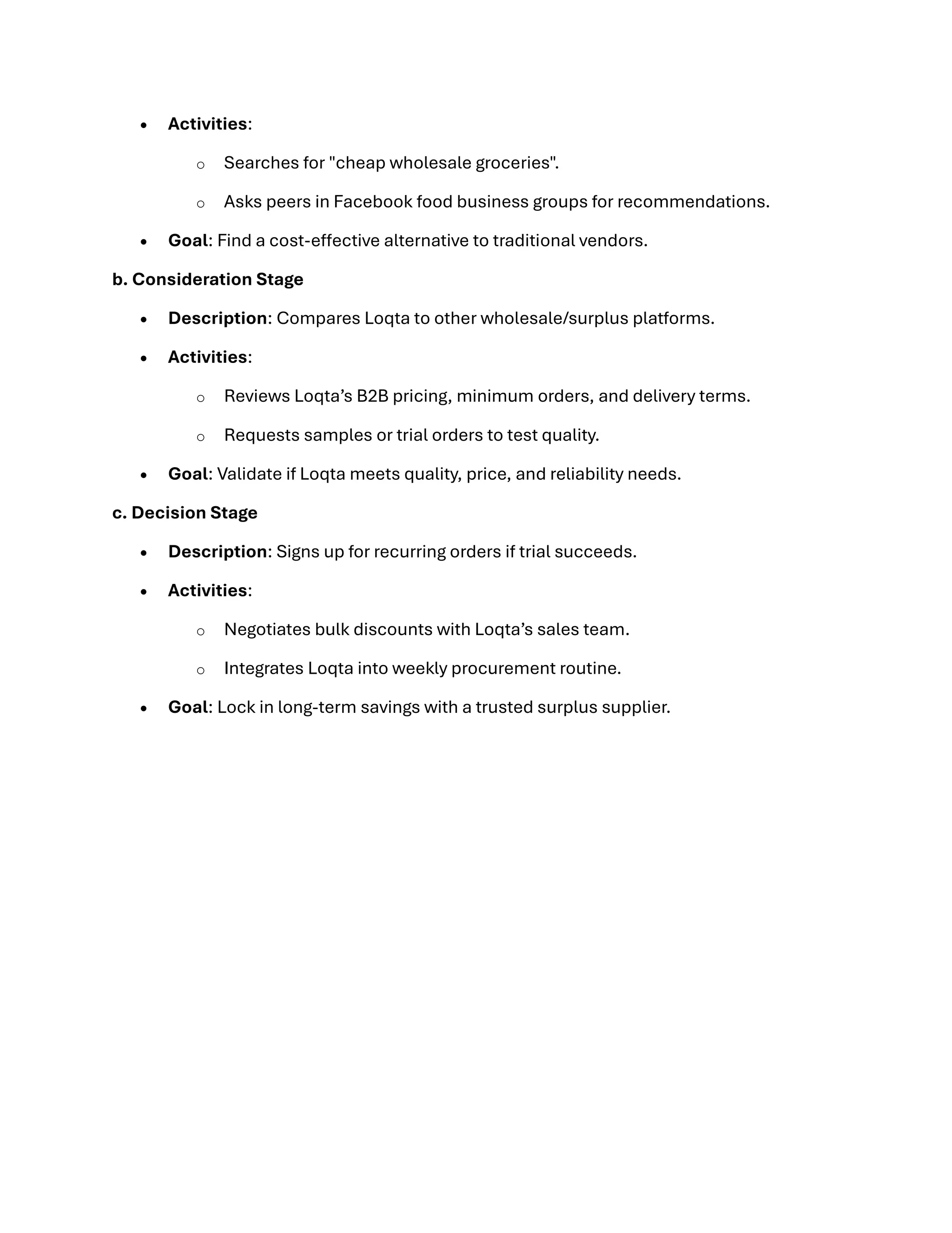 • Activities:
o Searches for "cheap wholesale groceries".
o Asks peers in Facebook food business groups for recommendations.
• Goal: Find a cost-effective alternative to traditional vendors.
b. Consideration Stage
• Description: Compares Loqta to other wholesale/surplus platforms.
• Activities:
o Reviews Loqta’s B2B pricing, minimum orders, and delivery terms.
o Requests samples or trial orders to test quality.
• Goal: Validate if Loqta meets quality, price, and reliability needs.
c. Decision Stage
• Description: Signs up for recurring orders if trial succeeds.
• Activities:
o Negotiates bulk discounts with Loqta’s sales team.
o Integrates Loqta into weekly procurement routine.
• Goal: Lock in long-term savings with a trusted surplus supplier.
 
