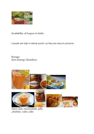 Availability of Loquat in India
Loquats are high in natural pectin, so they are easy to preserve.
Storage:
Zero Energy Chambers
Juice, jam, marmalade, jelly
,chutney, cake, cake
 