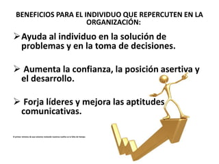 BENEFICIOS PARA EL INDIVIDUO QUE REPERCUTEN EN LA
ORGANIZACIÓN:
Ayuda al individuo en la solución de
problemas y en la toma de decisiones.
 Aumenta la confianza, la posición asertiva y
el desarrollo.
 Forja líderes y mejora las aptitudes
comunicativas.
El primer síntoma de que estamos matando nuestros sueños es la falta de tiempo.
 