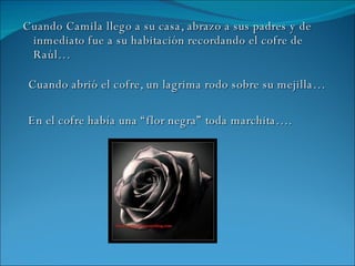 Cuando Camila llego a su casa, abrazo a sus padres y de inmediato fue a su habitación recordando el cofre de Raúl… Cuando abrió el cofre, un lagrima rodo sobre su mejilla… En el cofre había una “flor negra” toda marchita…. 