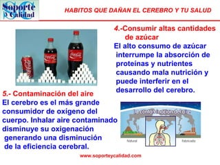 4.- Consumir altas cantidades de azúcar  El alto consumo de azúcar interrumpe la absorción de proteínas y nutrientes causando mala nutrición y puede interferir en el desarrollo del cerebro. 5.-  Contaminación del aire  El cerebro es el más grande  consumidor de oxígeno del cuerpo. Inhalar aire contaminado disminuye su oxigenación generando una disminución de la eficiencia cerebral. 