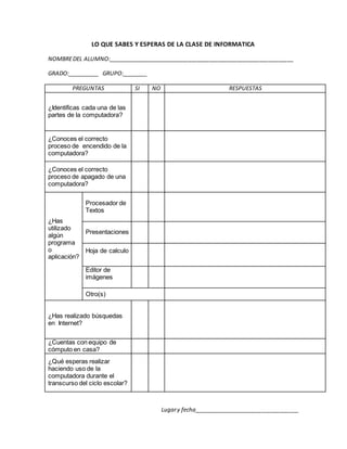 LO QUE SABES Y ESPERAS DE LA CLASE DE INFORMATICA 
NOMBRE DEL ALUMNO:____________________________________________________________ 
GRADO:__________ GRUPO:________ 
PREGUNTAS SI NO RESPUESTAS 
¿Identificas cada una de las 
partes de la computadora? 
¿Conoces el correcto 
proceso de encendido de la 
computadora? 
¿Conoces el correcto 
proceso de apagado de una 
computadora? 
¿Has 
utilizado 
algún 
programa 
o 
aplicación? 
Procesador de 
Textos 
Presentaciones 
Hoja de calculo 
Editor de 
imágenes 
Otro(s) 
¿Has realizado búsquedas 
en Internet? 
¿Cuentas con equipo de 
cómputo en casa? 
¿Qué esperas realizar 
haciendo uso de la 
computadora durante el 
transcurso del ciclo escolar? 
Lugar y fecha__________________________________ 
 