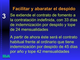 Facilitar y abaratar el despido Se extiende el contrato de fomento a la contratación indefinida, con 33 días de indemnización por despido y tope de 24 mensualidades  A partir de ahora éste será el contrato habitual frente al ordinario que tiene indemnización por despido de 45 días por año y tope 42 mensualidades  3 