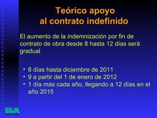 Teórico apoyo  al contrato indefinido  El aumento de la indemnización por fin de contrato de obra desde 8 hasta 12 días será gradual  8 días hasta diciembre de 2011 9 a partir del 1 de enero de 2012 1 día más cada año, llegando a 12 días en el año 2015  