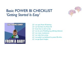 Basic POWER BI CHECKLIST
‘Getting Started Is Easy’
 I can open Power BI desktop
 I can Get Data into Power BI
 I know how to edit my data
 I can do some Modelling (e.g. defining relations)
 I can create visualisations
 I can make them pretty
 I can publish my dashboard to power BI online
 I can get Quick Insights
 