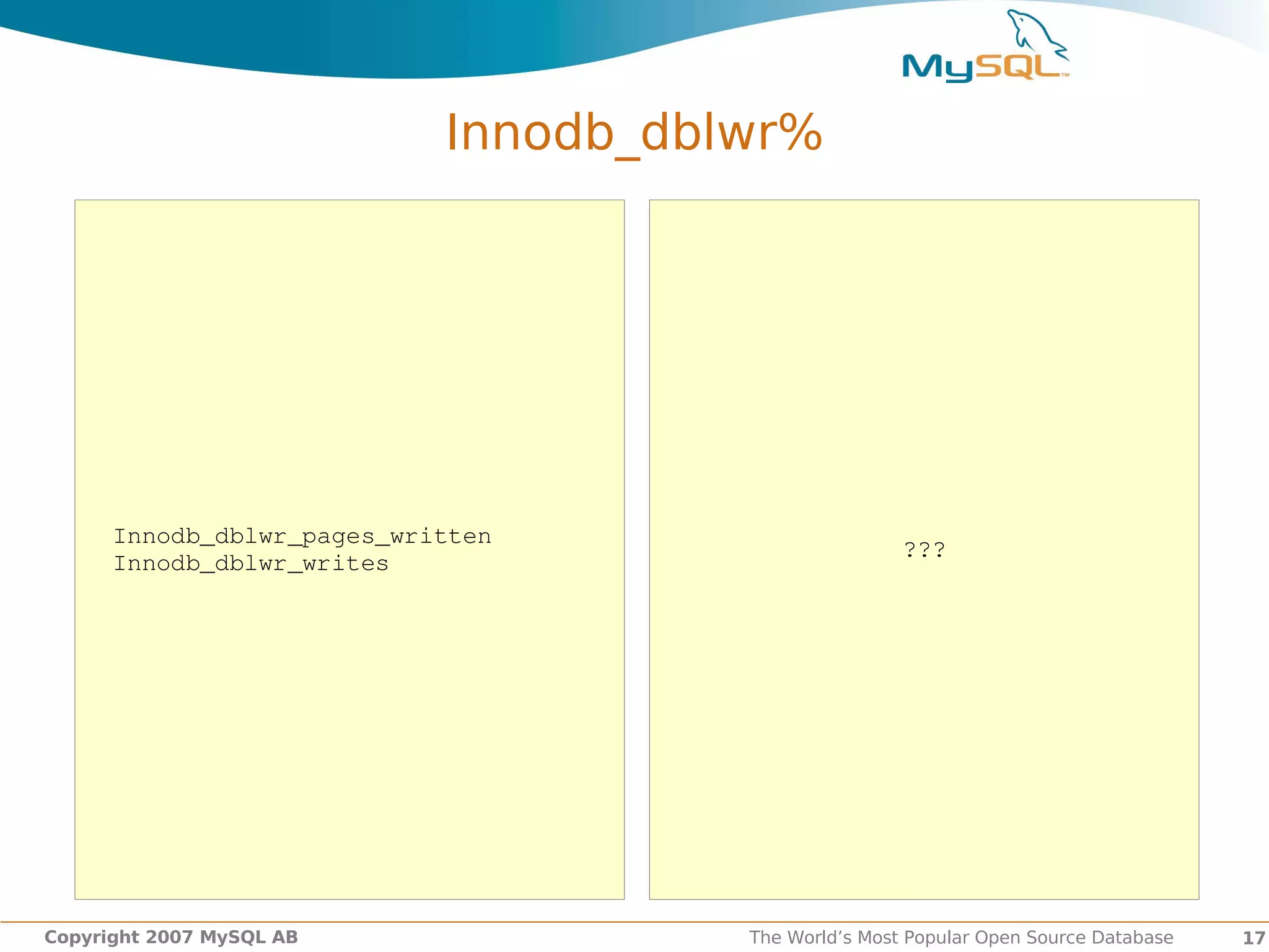 Innodb_dblwr%




      Innodb_dblwr_pages_written
                                                      ???
      Innodb_dblwr_writes       




Copyright 2007 MySQL AB               The World’s Most Popular Open Source Database   17
 