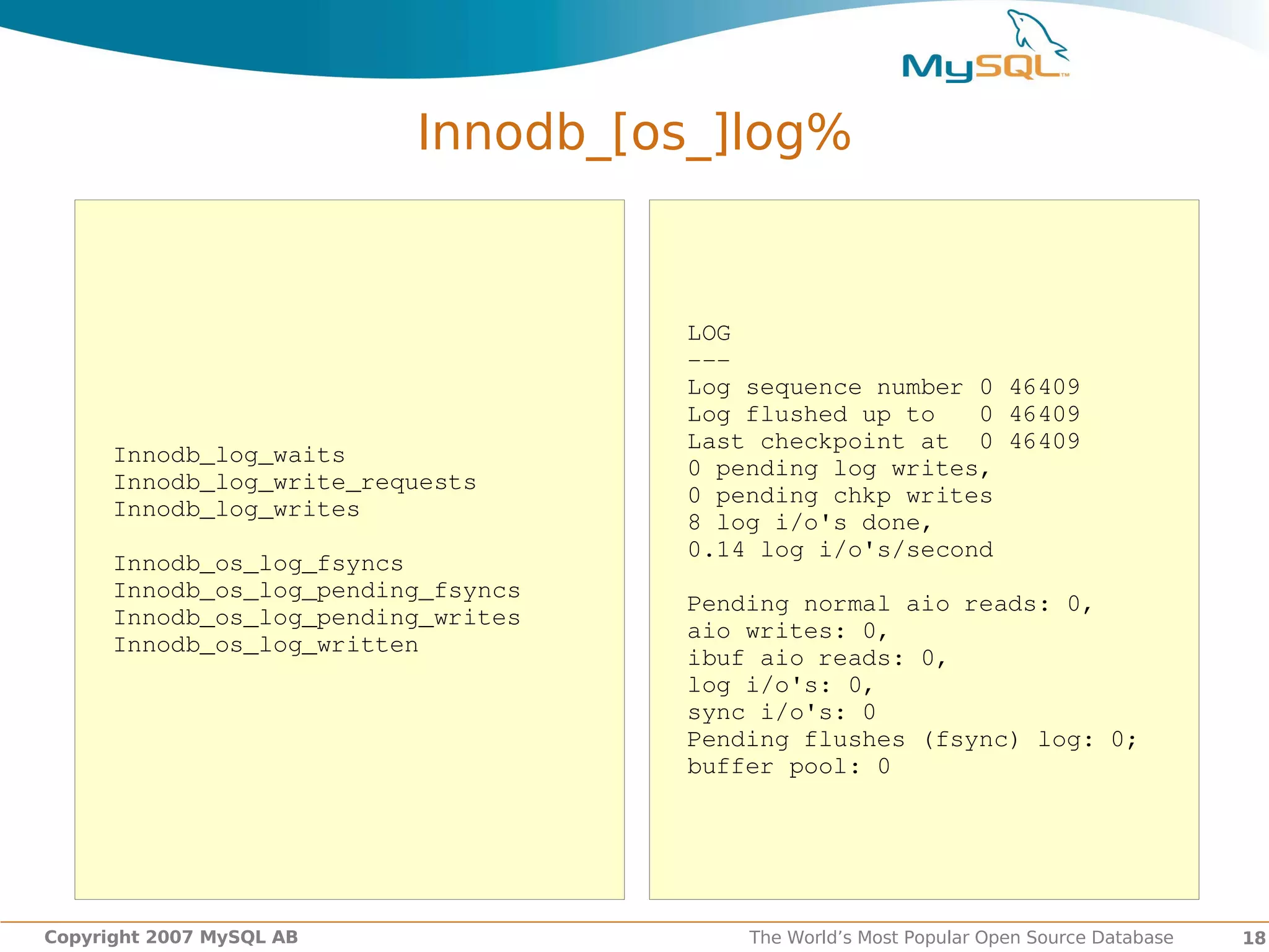 Innodb_[os_]log%


                                     LOG
                                     ­­­
                                     Log sequence number 0 46409
                                     Log flushed up to   0 46409
                                     Last checkpoint at  0 46409
      Innodb_log_waits            
                                     0 pending log writes,
      Innodb_log_write_requests
                                     0 pending chkp writes
      Innodb_log_writes
                                     8 log i/o's done,
                                     0.14 log i/o's/second
      Innodb_os_log_fsyncs
      Innodb_os_log_pending_fsyncs
                                     Pending normal aio reads: 0,
      Innodb_os_log_pending_writes
                                     aio writes: 0,
      Innodb_os_log_written
                                     ibuf aio reads: 0,
                                     log i/o's: 0,
                                     sync i/o's: 0
                                     Pending flushes (fsync) log: 0;
                                     buffer pool: 0




Copyright 2007 MySQL AB                  The World’s Most Popular Open Source Database   18
 