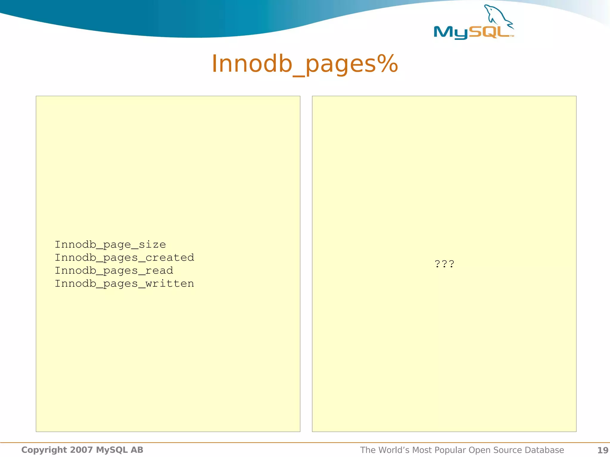 Innodb_pages%




      Innodb_page_size             
      Innodb_pages_created
                                                      ???
      Innodb_pages_read
      Innodb_pages_written




Copyright 2007 MySQL AB               The World’s Most Popular Open Source Database   19
 