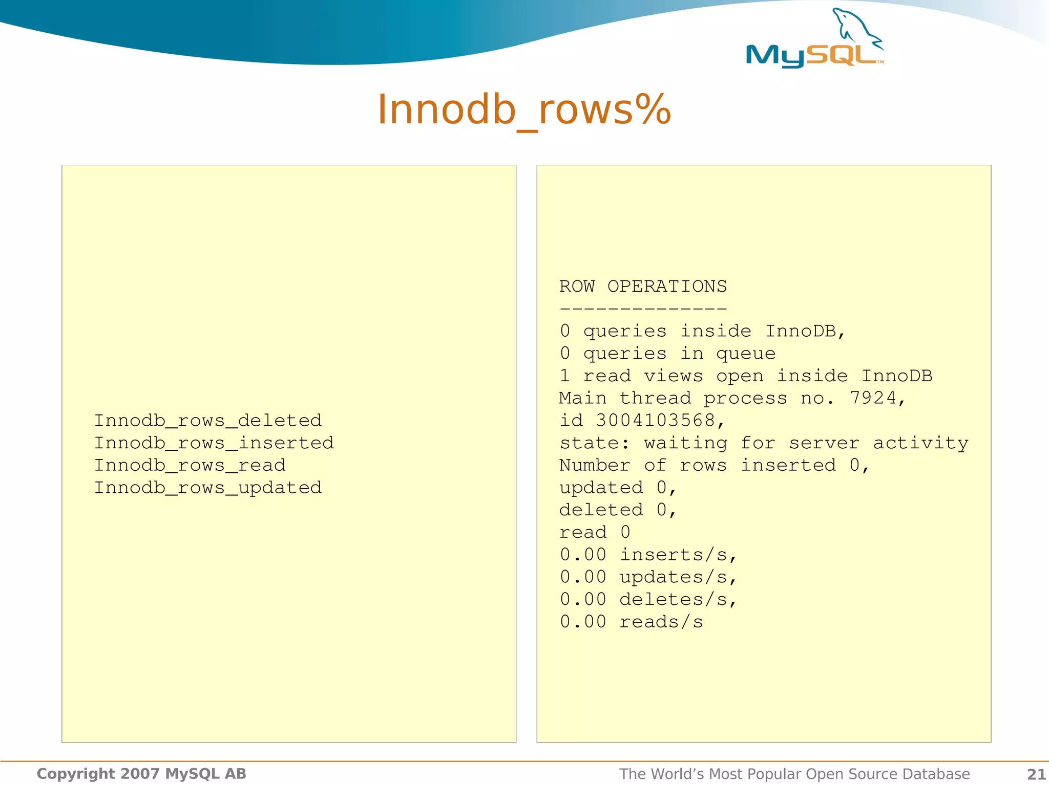 Innodb_rows%



                                    ROW OPERATIONS
                                    ­­­­­­­­­­­­­­
                                    0 queries inside InnoDB,
                                    0 queries in queue
                                    1 read views open inside InnoDB
                                    Main thread process no. 7924,
      Innodb_rows_deleted           id 3004103568,
      Innodb_rows_inserted          state: waiting for server activity
      Innodb_rows_read              Number of rows inserted 0,
      Innodb_rows_updated           updated 0,
                                    deleted 0,
                                    read 0
                                    0.00 inserts/s,
                                    0.00 updates/s,
                                    0.00 deletes/s,
                                    0.00 reads/s




Copyright 2007 MySQL AB                  The World’s Most Popular Open Source Database   21
 