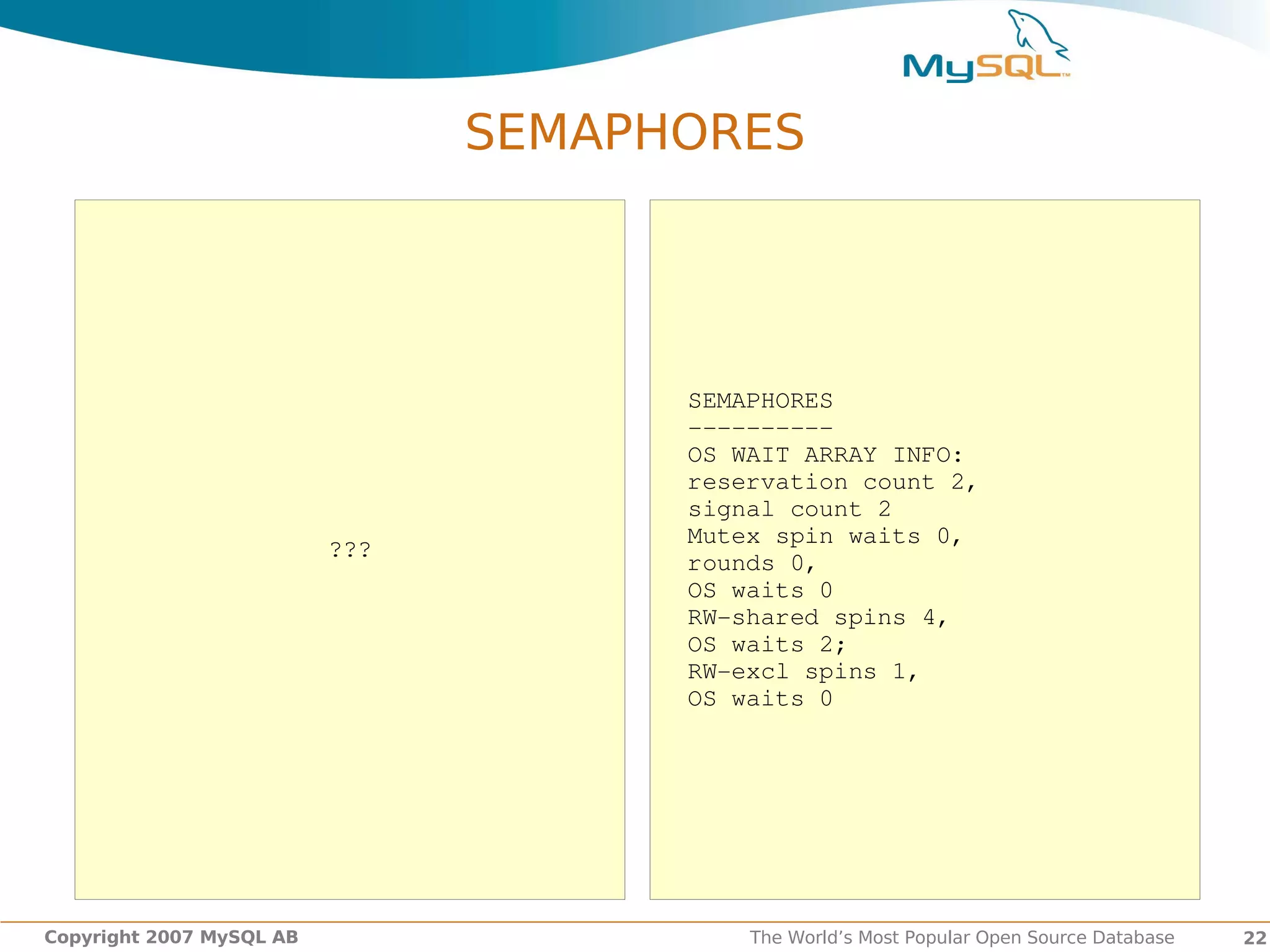 SEMAPHORES




                                      SEMAPHORES
                                      ­­­­­­­­­­
                                      OS WAIT ARRAY INFO:
                                      reservation count 2,
                                      signal count 2
                                      Mutex spin waits 0,
                          ???
                                      rounds 0,
                                      OS waits 0
                                      RW­shared spins 4,
                                      OS waits 2;
                                      RW­excl spins 1,
                                      OS waits 0




Copyright 2007 MySQL AB                   The World’s Most Popular Open Source Database   22
 