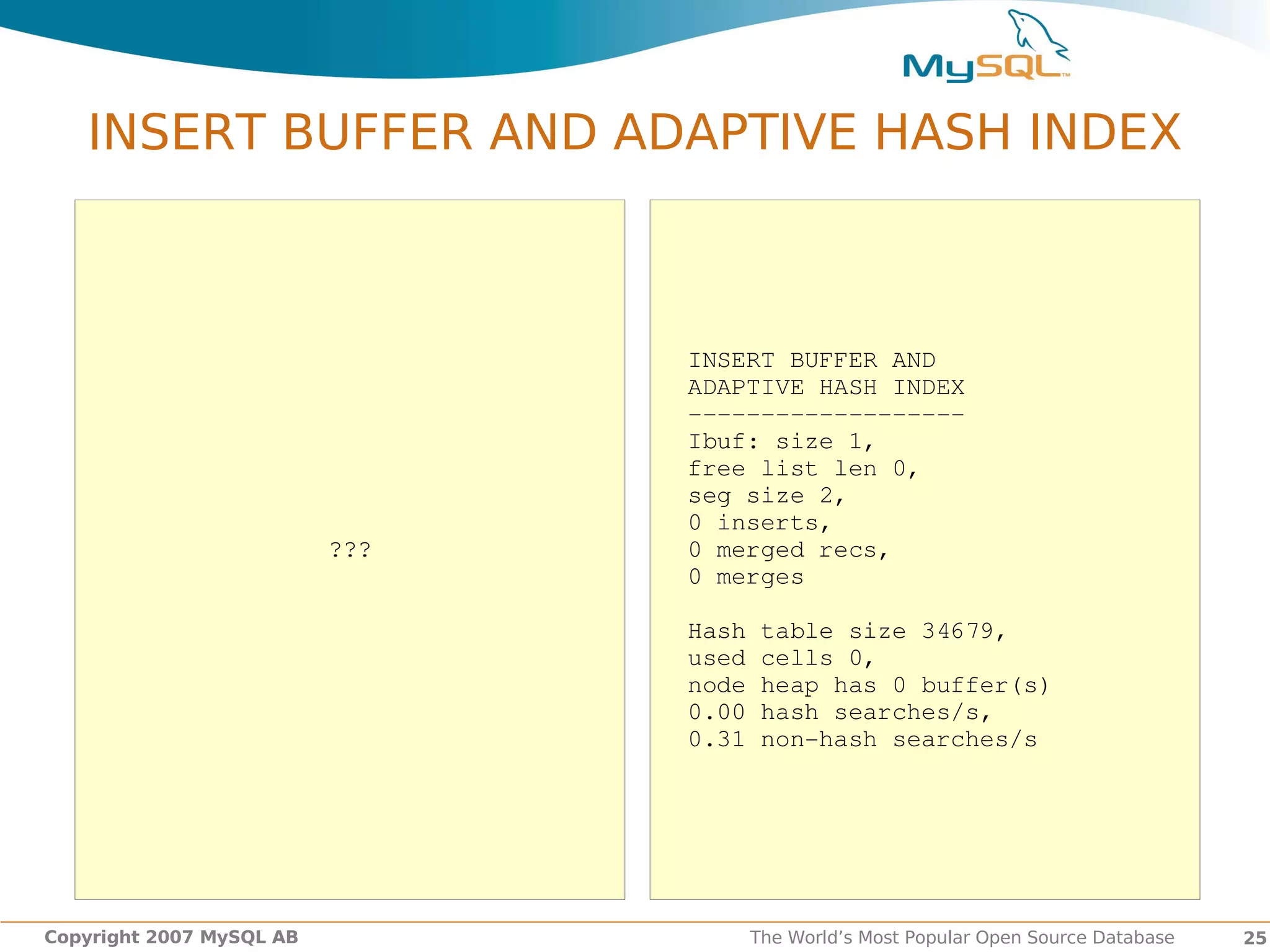 INSERT BUFFER AND ADAPTIVE HASH INDEX



                                INSERT BUFFER AND
                                ADAPTIVE HASH INDEX
                                ­­­­­­­­­­­­­­­­­­­
                                Ibuf: size 1,
                                free list len 0,
                                seg size 2,
                                0 inserts,
                          ???   0 merged recs,
                                0 merges

                                Hash table size 34679,
                                used cells 0,
                                node heap has 0 buffer(s)
                                0.00 hash searches/s,
                                0.31 non­hash searches/s




Copyright 2007 MySQL AB             The World’s Most Popular Open Source Database   25
 
