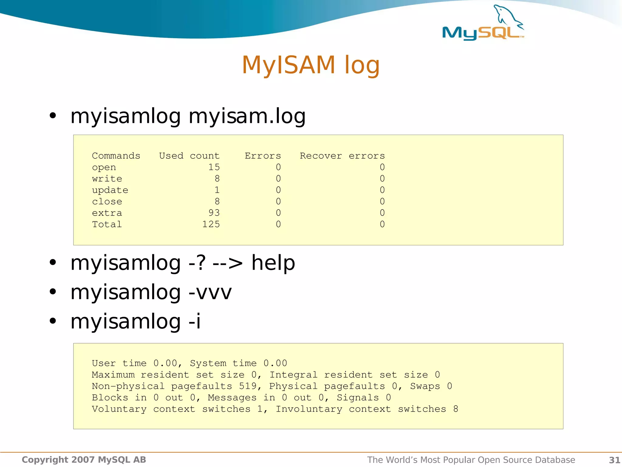 MyISAM log

    • myisamlog myisam.log
            Commands   Used count    Errors   Recover errors
            open               15         0                0
            write               8         0                0
            update              1         0                0
            close               8         0                0
            extra              93         0                0
            Total             125         0                0



    • myisamlog -? --> help
    • myisamlog -vvv
    • myisamlog -i
            User time 0.00, System time 0.00
            Maximum resident set size 0, Integral resident set size 0
            Non­physical pagefaults 519, Physical pagefaults 0, Swaps 0
            Blocks in 0 out 0, Messages in 0 out 0, Signals 0
            Voluntary context switches 1, Involuntary context switches 8



Copyright 2007 MySQL AB                                  The World’s Most Popular Open Source Database   31
 