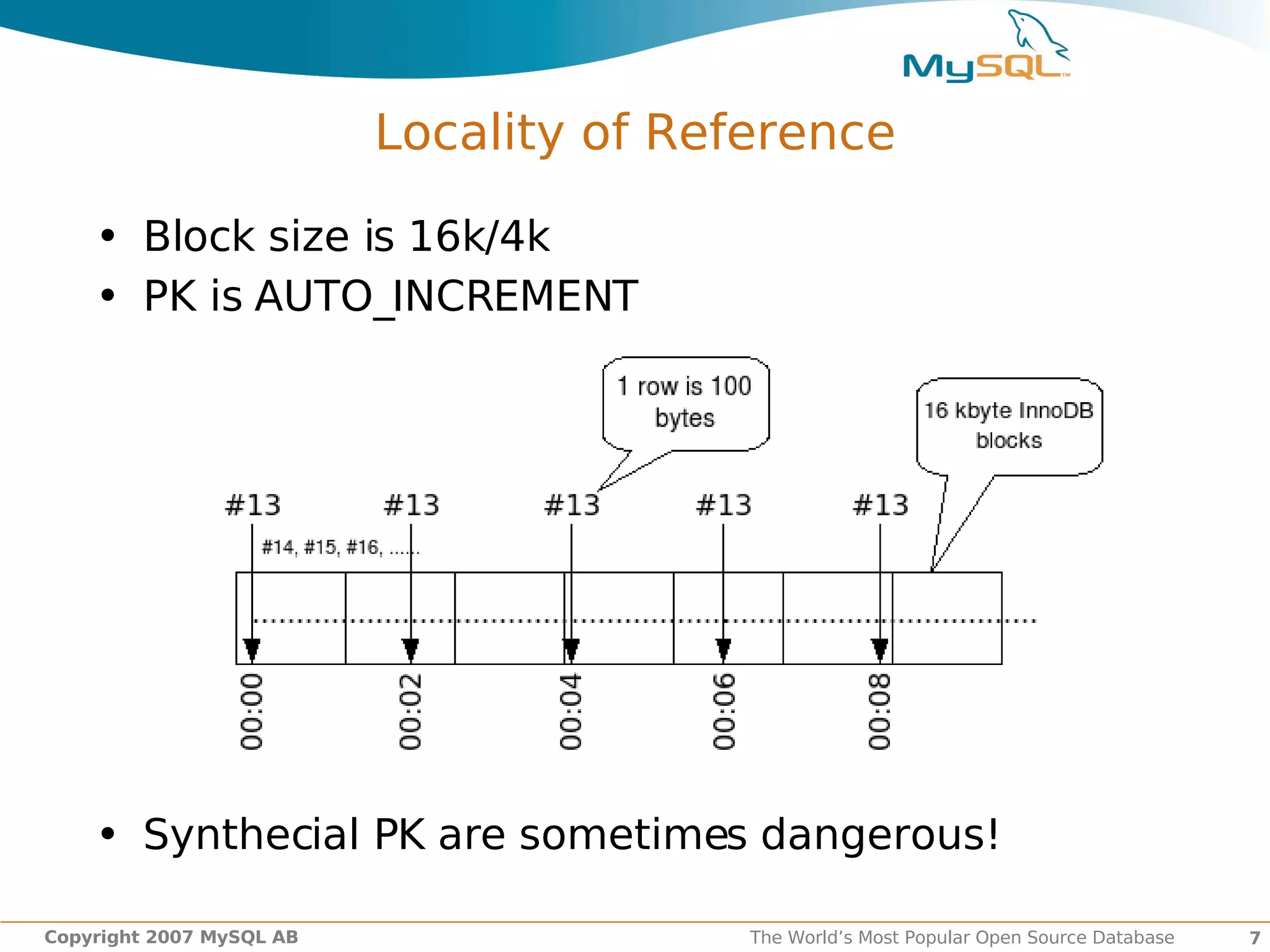 Locality of Reference

    • Block size is 16k/4k
    • PK is AUTO_INCREMENT




    • Synthecial PK are sometimes dangerous!

Copyright 2007 MySQL AB                  The World’s Most Popular Open Source Database   7
 