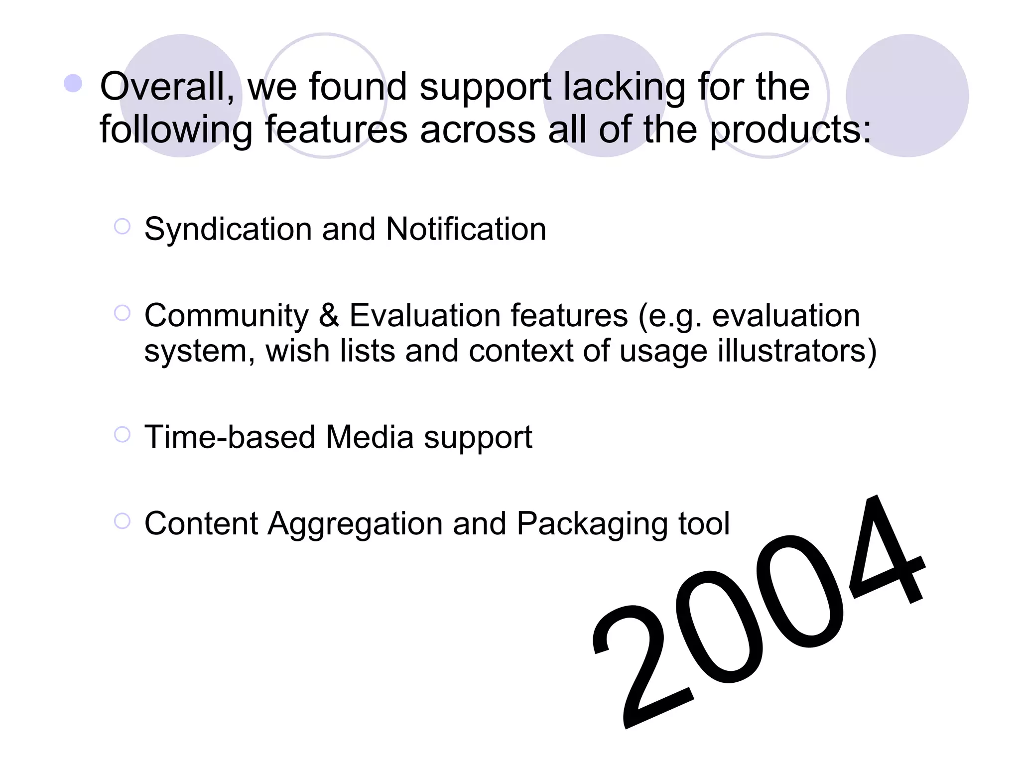 Overall, we found support lacking for the following features across all of the products: Syndication and Notification  Community & Evaluation features (e.g. evaluation system, wish lists and context of usage illustrators)  Time-based Media support  Content Aggregation and Packaging tool  2004 
