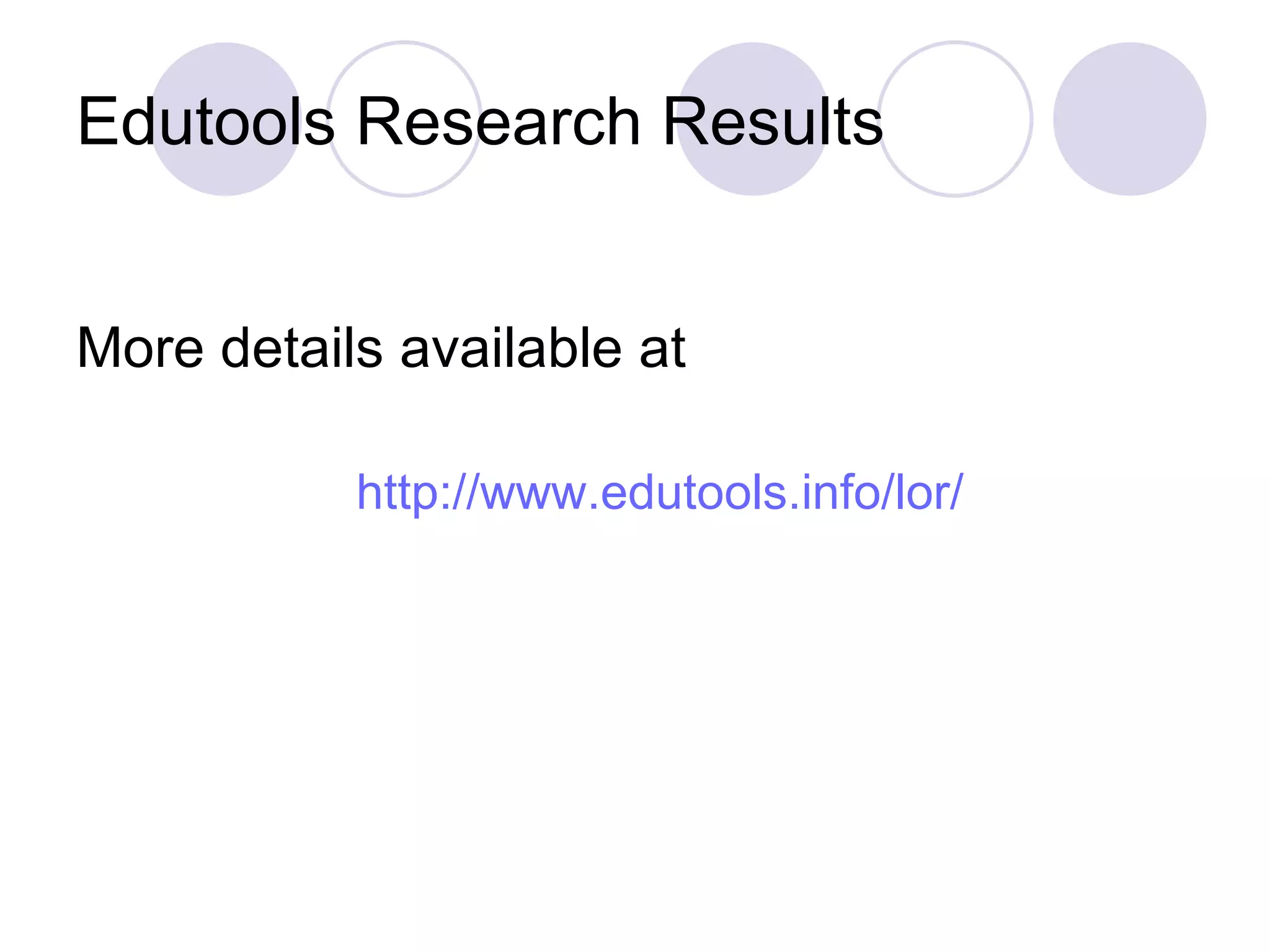 Edutools Research Results More details available at http://www.edutools.info/lor/   