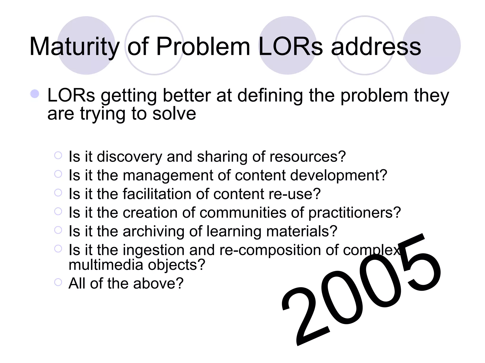 Maturity of Problem LORs address  LORs getting better at defining the problem they are trying to solve Is it discovery and sharing of resources? Is it the management of content development? Is it the facilitation of content re-use? Is it the creation of communities of practitioners? Is it the archiving of learning materials? Is it the ingestion and re-composition of complex multimedia objects? All of the above? 2005 