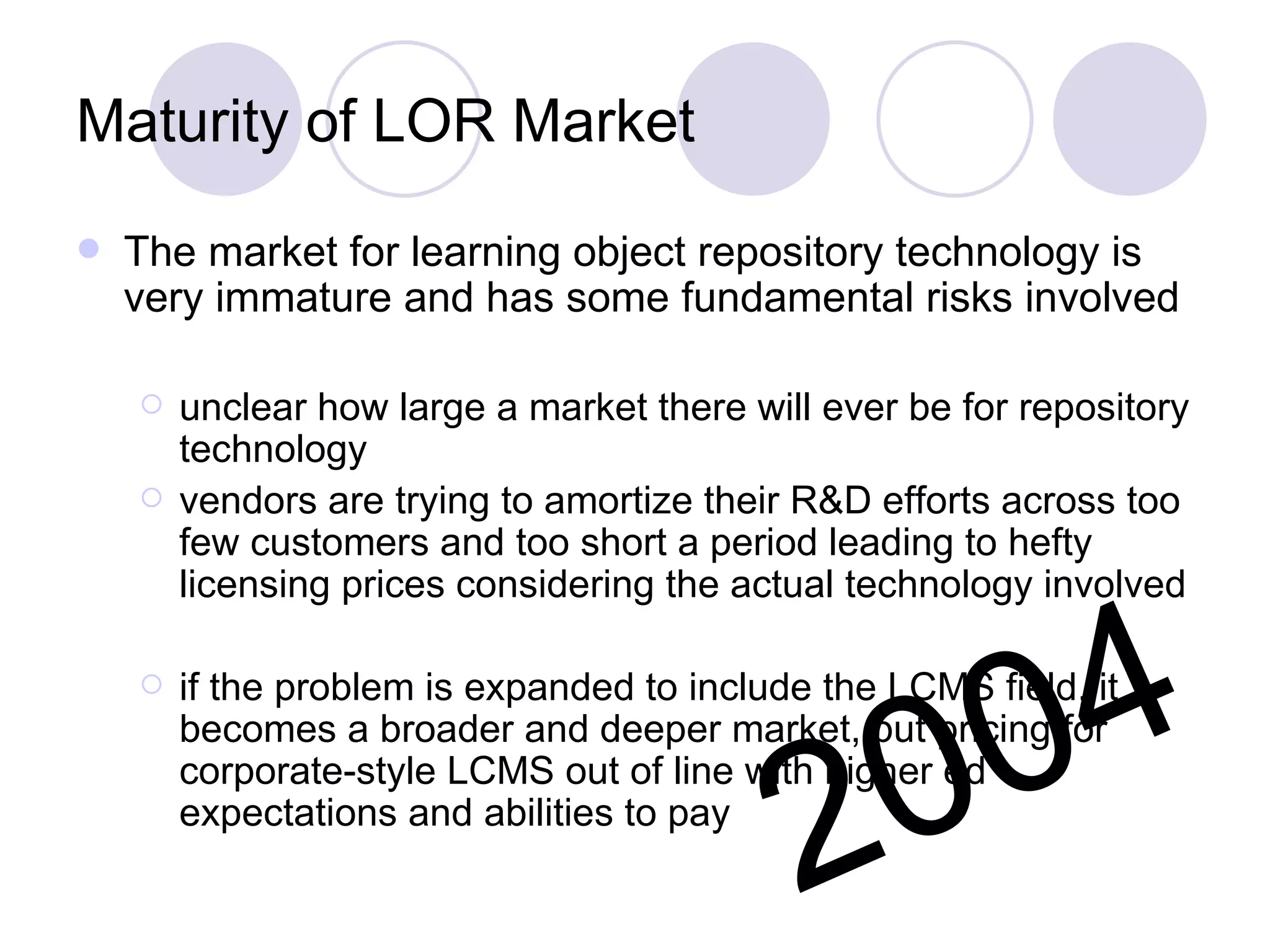Maturity of LOR Market The market for learning object repository technology is very immature and has some fundamental risks involved unclear how large a market there will ever be for repository technology vendors are trying to amortize their R&D efforts across too few customers and too short a period leading to hefty licensing prices considering the actual technology involved if the problem is expanded to include the LCMS field, it becomes a broader and deeper market, but pricing for corporate-style LCMS out of line with higher ed expectations and abilities to pay 2004 