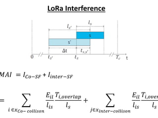 LoRa Interference
𝑀𝐴𝐼 = 𝐼 𝐶𝑜−𝑆𝐹 + 𝐼𝑖𝑛𝑡𝑒𝑟−𝑆𝐹
= ෍
𝑖 ∈𝑥 𝐶𝑜− 𝑐𝑜𝑙𝑙𝑖𝑠𝑜𝑛
𝐸𝑖𝑙
𝑙𝑖𝑠
𝑇𝑖,𝑜𝑣𝑒𝑟𝑙𝑎𝑝
𝑙 𝑠
+ ෍
𝑗∈𝑥 𝑖𝑛𝑡𝑒𝑟−𝑐𝑜𝑙𝑙𝑖𝑠𝑜𝑛
𝐸𝑖𝑙
𝑙𝑖𝑠
𝑇𝑖,𝑜𝑣𝑒𝑟
𝑙 𝑠
 