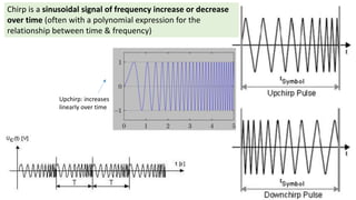 Chirp is a sinusoidal signal of frequency increase or decrease
over time (often with a polynomial expression for the
relationship between time & frequency)
Upchirp: increases
linearly over time
 