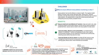 Copyright ©Actility - Confidential
31
CHALLENGE
How to ensure efficient noise pollution monitoring in cities ?
Noise pollution has harmful effects on citizens health. The negative health
effects of excess noise include disturbed sleep, hearing loss, cognitive
disorders, and high blood pressure. Municipal noise ordinances aim to reduce
noise pollution, but assessments of noise and monitoring are performed
infrequently and are primarily complaint-driven.
BENEFITS
Easy-to-install and cost-effective IoT solution: cities can build a city- wide
monitoring system across public spaces. As soon as the volume exceeds a
predefined level, sensors send an alert to the cloud platform to take action.
LoRaWAN-enabled low-cost acoustic
sensors reporting noise level and nature
Integration with Business Applications
and Cloud Connectors
Data transmission via long range, ultra low power LoRaWAN wireless
network on public or/and private infrastructure, providing low cost
DATA
COLLECTION
DATA
PROCESSING
LORAWAN
NETWORK
Public or Private
LoRaWAN coverage
DX API
Improved safety, efficiency and sustainability : by implementing a
network of LoRaWAN™ sensors and gateways across urban regions,
environmental indicators can be measured in real-time and continuously,
detecting issues before they become crises.
Improved Quality of Life for citizens: the data will help improve noise
management and enforcement during public events by automatically
alerting bylaw officers when noise thresholds are exceeded
connectivity & low TCO. ThingPark Platform: devices and gateways
operations support system (OSS), data transfer and security.
 