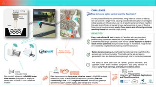 Copyright ©Actility - Confidential
34
CHALLENGE
How to have a better control over the flood risk ?
In many coastal towns and communities, rising water as a result of tides or
rain can present a large threat, causing considerable disruption or damage to
critical assets and infrastructure, so it is of great importance to have insight in
the water level of rivers or canals to have early warnings in case of flooding.
Determining how to precisely predict flood events and efficiently minimize
resulting losses has become a high priority.
BENEFITS
Easy, cost-efficient & fast to deploy IoT solution with very long-term
benefits using connected meters with 10+ years battery life. Thanks to
LoRaWAN wide-range capacities, each sensor can be deployed in hard-to-
reach remote positions along the water’s edge in marshland, rough terrain
or in residential neighborhoods lacking urban infrastructure.
Non-contact, ultrasonic LoRaWAN water
level sensors (integrated or analogue
Integration with Business Applications
and Cloud Connectors
Data transmission via long range, ultra low power LoRaWAN wireless
network on public or/and private infrastructure, providing low cost
DATA
COLLECTION
DATA
PROCESSING
LORAWAN
NETWORK
Public or Private
LoRaWAN coverage
DX API
Better decision making during floods thanks to real-time insight from the
sensors are monitored remotely. Thresholds can be set and alarms
generated if risks are detected leaving enough time for corrective measures.
The ability to track data such as rainfall, ground saturation, and
upstream water levels enables companies and utility services to
receive early flood warnings and take preventative action.
sensor with 4-20mA / 0-10V LoRaWAN
modem.
connectivity & low TCO. ThingPark Platform: devices and gateways
operations support system (OSS), data transfer and security.
 