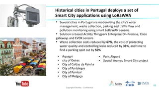 Historical cities in Portugal deploys a set of
Smart City applications using LoRaWAN
• Several cities in Portugal are modernizing the city’s water
management, waste collection, parking and traffic flow and
pollution monitoring using smart LoRaWAN sensors.
• Solution is based Actility Thingpark Enterprise On-Premise, Cisco
gateways and EVOX sensors
• Waste collection costs reduced by 67%, the cost of protecting
water quality and controlling leaks reduced by 33%, and time to
find a parking spot cut by 50%
• Aquagri
• city of Oeiras
• City of Caldas da Rainha
• City of Portalegre
• City of Pombal
• City of Melgaço
• Paris Airport
• Saoudi Aramco Smart City project
41
Copyright ©Actility - Confidential
 