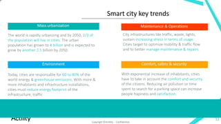 Smart city key trends
Actility LoRaWAN based smart city solutions aim to enable cities to deploy a horizontal IoT platform solution to
enable verticals (parking, light etc.) to reduce energy consumption, optimize operations & increase citizen comfort
and satisfaction.
51
Mass urbanization Maintenance & Operations
Environment Comfort, safety & security
The world is rapidly urbanizing and by 2050, 2/3 of
the population will live in cities. The urban
population has grown to 4 billion and is expected to
grow by another 2.5 billion by 2050.
City infrastructures like traffic, waste, lights,
sustain increasing stress in terms of usage.
Cities target to optimize mobility & traffic flow
and to better manage maintenance & repairs.
Today, cities are responsable for 60 to 80% of the
world energy & greenhouse emissions. With more &
more inhabitants and infrastructure installations,
cities must reduce energy footprint of the
infrastructure, traffic
With exponential increase of inhabitants, cities
have to take in account the comfort and security
of the citizens. Reducing air pollution or time
spent to search for a parking space can increase
people hapiness and satisfaction.
Copyright ©Actility - Confidential
 