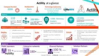 Actility at a glance
PROFILE
PRODUCT & SERVICES PORTFOLIO
✓ LoRaWAN network server
MARKETS
Company founded
2008
110
Employees – 60 % of
R&D stronc customer
support
Worldwide presence
100 M€+
funding raised Investor List:
Orange, Cisco, KPN,
Swisscom, Bosch , Foxconn
>39.000+
LoRaWAN gateways connected on Actility-
supplied networks
>3 billions messages
Per year transit on Actility-supplied networks
Deploy Scale Enrich
✓ Professional Services & radio planning
✓ Carrier-grade OSS/BSS for gateway &
device management
✓ Join servers for easy device activation
✓ Key Management System for enhanced
security & large scale device activation
✓ Firmware-over-the-air update for
devices
✓ Ecosystem marketplaces and Partner
programs
✓ Geolocation services using combinations
of technologes : LoRa network location
or AGPS
✓ Access to Roaming hub for easy device
roaming
✓ Fully integrated end-to-end solutions
marketplace to accelerate go-to-market
Public operators Enterprise networks Channel Partners
100 % Indirect
GTM strategy
Solution Partners
55 +large scale operators
180+Enterprise Networks
Partner Program for Eco –systems
from validation to distribution
>200k Abeeway
trackers
shipped in last 18 months
Headquarters
Paris
France
Technology leadsership
Co-inventor of LoRaWAN
Funding member
of LoRa Alliance
- CoC
nIfS
id
Ce
On
,t
O
ia
BlS , Factory Systems, Macnica
Copyright ©Actility
 