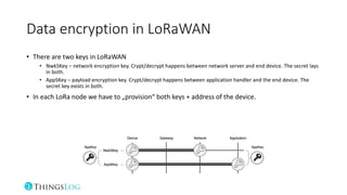 Data encryption in LoRaWAN
• There are two keys in LoRaWAN
• NwkSKey – network encryption key. Crypt/decrypt happens between network server and end device. The secret lays
in both.
• AppSKey – payload encryption key. Crypt/decrypt happens between application handler and the end device. The
secret key exists in both.
• In each LoRa node we have to „provision“ both keys + address of the device.
 