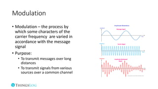 Modulation
• Modulation – the process by
which some characters of the
carrier frequency are varied in
accordance with the message
signal
• Purpose:
• To transmit messages over long
distances
• To transmit signals from various
sources over a common channel
 