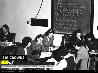 http://lora-aroyo.org @laroyo 17
BIG CROWDS
10’s
Human Annotation Central in Machine Learning Training & Evaluation
 