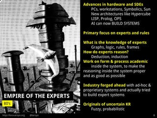 http://lora-aroyo.org @laroyo
EMPIRE OF THE EXPERTS
8
80’s
Advances in hardware and SDEs
PCs, workstations, Symbolics, Sun
New architectures like Hypercube
LISP, Prolog, OPS
AI can now BUILD SYSTEMS
Primary focus on experts and rules
What is the knowledge of experts
Graphs, logic, rules, frames
How do experts reason?
Deduction, induction
Work on form & process academic
inside the system, to make the
reasoning inside the system proper
and as good as possible
Industry forged ahead with ad-hoc &
proprietary systems and actually tried
to build expert systems
Originals of uncertain KR
Fuzzy, probabilistic
 