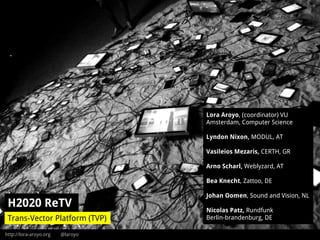 http://lora-aroyo.org @laroyo
H2020 ReTV
Trans-Vector Platform (TVP)
Lora Aroyo, (coordinator) VU
Amsterdam, Computer Science
Lyndon Nixon, MODUL, AT
Vasileios Mezaris, CERTH, GR
Arno Scharl, Weblyzard, AT
Bea Knecht, Zattoo, DE
Johan Oomen, Sound and Vision, NL
Nicolas Patz, Rundfunk
Berlin-brandenburg, DE
 