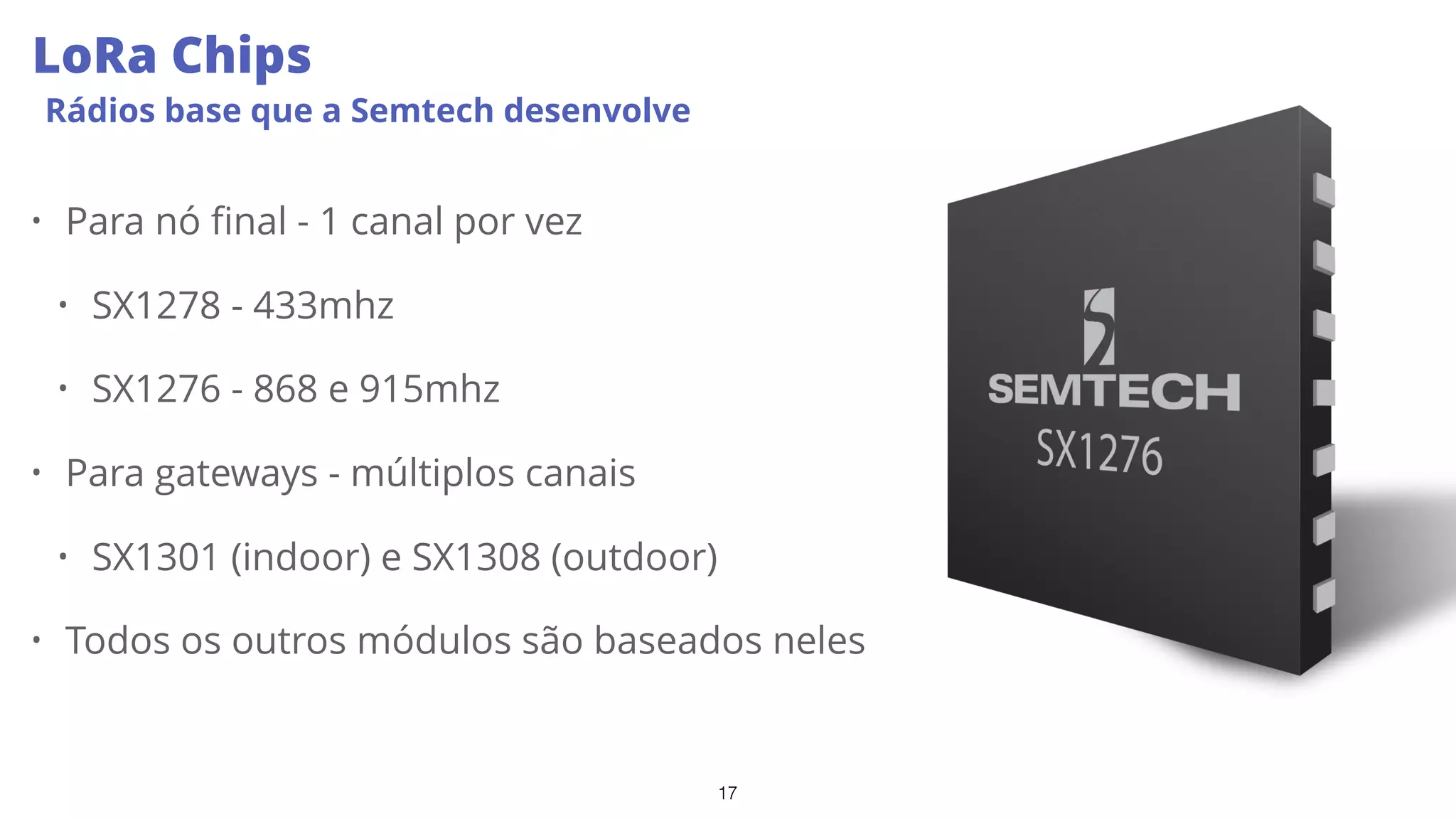17
LoRa Chips
Rádios base que a Semtech desenvolve
• Para nó final - 1 canal por vez
• SX1278 - 433mhz
• SX1276 - 868 e 915mhz
• Para gateways - múltiplos canais
• SX1301 (indoor) e SX1308 (outdoor)
• Todos os outros módulos são baseados neles
 