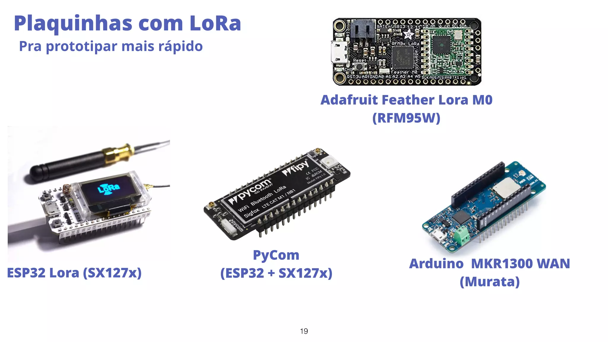 19
Plaquinhas com LoRa
Pra prototipar mais rápido
ESP32 Lora (SX127x)
PyCom
(ESP32 + SX127x)
Arduino MKR1300 WAN 
(Murata)
Adafruit Feather Lora M0
(RFM95W)
 