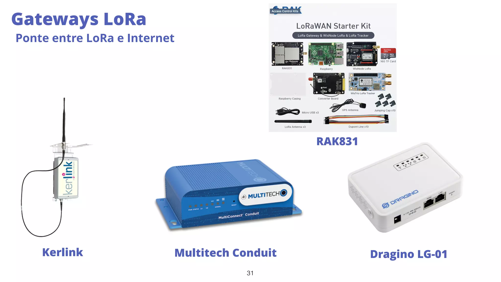 31
Gateways LoRa
Ponte entre LoRa e Internet
Kerlink Multitech Conduit Dragino LG-01
RAK831
 