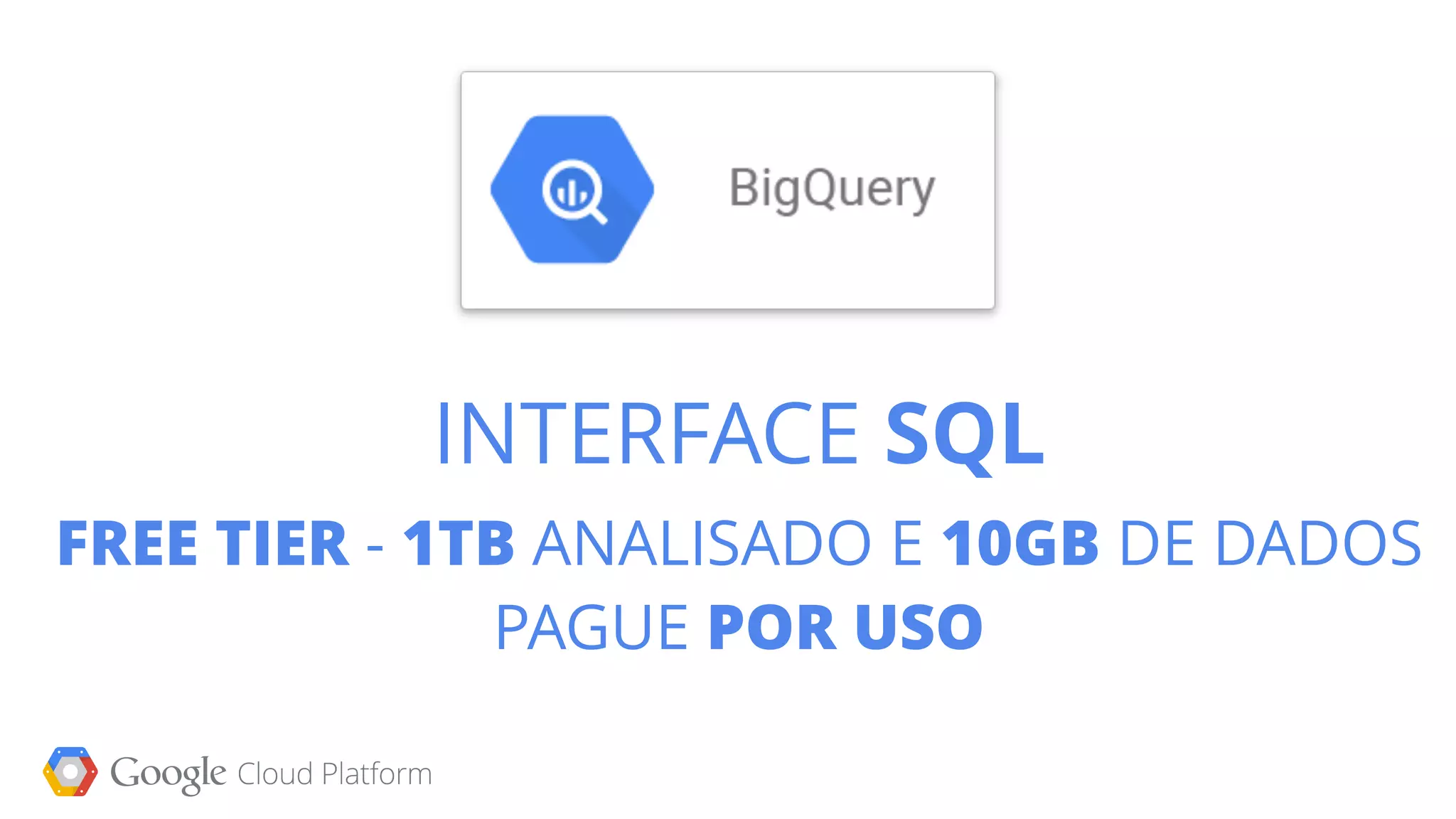INTERFACE SQL
FREE TIER - 1TB ANALISADO E 10GB DE DADOS
PAGUE POR USO
 