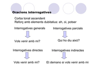 Oracions interrogatives

 Corba tonal ascendent
 Reforç amb elements dubitatius: eh, oi, potser

 Interrogatives generals       Interrogatives parcials



 Vols venir amb mi?                Qui ho diu això?


Interrogatives directes       Interrogatives indirectes


Vols venir amb mi?         Et demano si vols venir amb mi
 
