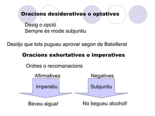Oracions desideratives o optatives

       Desig o opció
       Sempre és mode subjuntiu

Desitjo que tots pugueu aprovar segon de Batxillerat

      Oracions exhortatives o imperatives

        Ordres o recomanacions
            Afirmatives             Negatives

            Imperatiu               Subjuntiu


         Beveu aigua!            No begueu alcohol!
 