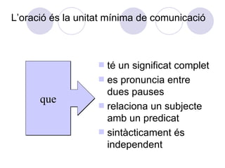 L’oració és la unitat mínima de comunicació



                   s   té un significat complet
                   s   es pronuncia entre
                       dues pauses
      que          s   relaciona un subjecte
                       amb un predicat
                   s   sintàcticament és
                       independent
 