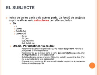 EL SUBJECTE

   Indica de qui es parla o de què es parla. La funció de subjecte
    es pot realitzar amb estructures ben diferenciades:
       SN
           N
           Det+N
           Det+N+Adj
           Det+N+CN
                  Sprep
                  SN (ap)
                  Sub.Adjectiva
                  Sub Subst. (ap)
       Oració. Per identificar-la caldrà:
                  Reconèixer el verb de la principal: Qui no treballi suspendrà. Fer-me la
                   punyeta és la teva especialitat
                  Reconèixer de qui o de què parla el verb: Qui no treballi suspendrà. Fer-
                   me la punyeta és la teva especialitat
                  Substituir l'oració per un pronom: Ell (qui no treballi) suspendrà. Això (Fer-
                   me la punyeta) és la teva especialitat
                  Prova de la concordança: Ell suspendrà i no ells suspendrà. Aquesta cosa
                   és i no aquestes coses és
 