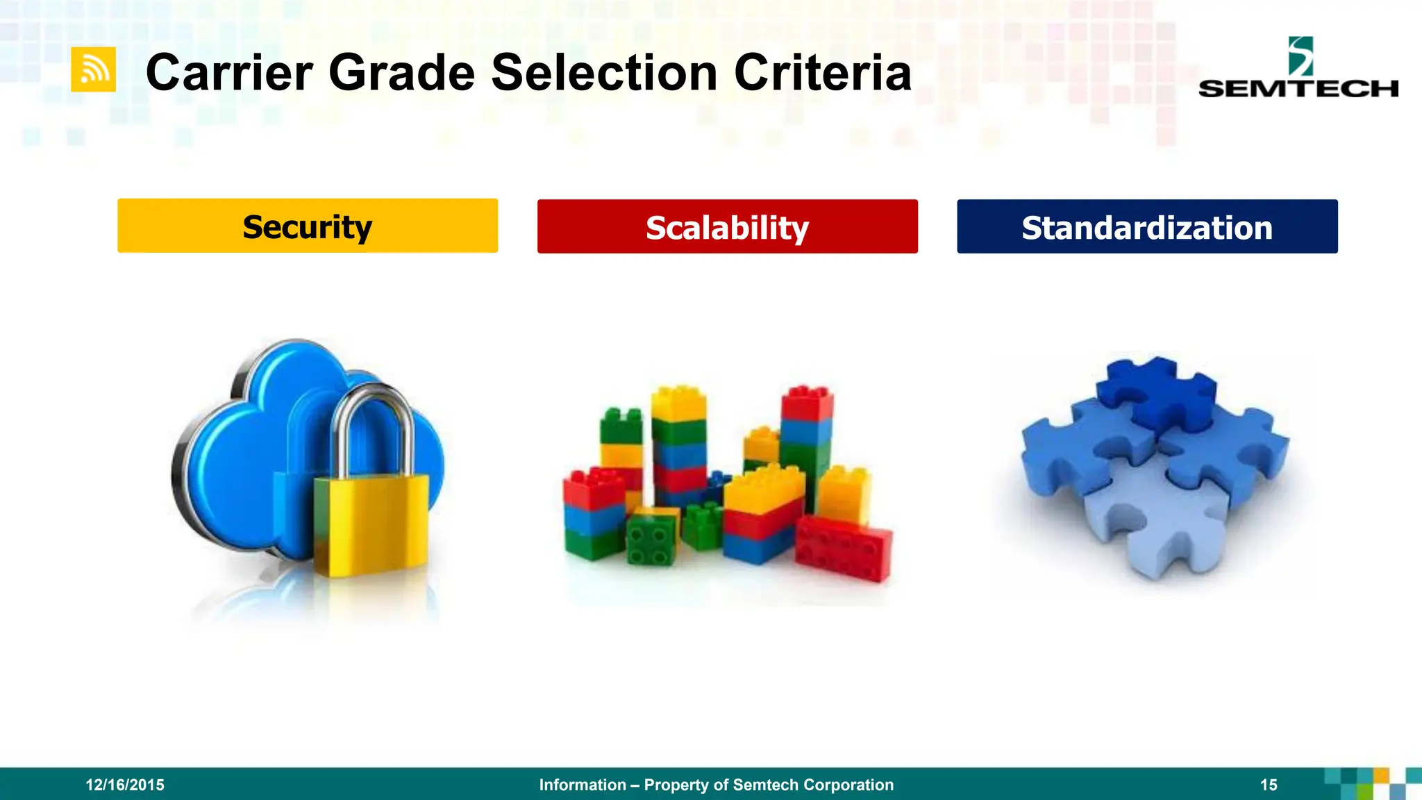 Information – Property of Semtech Corporation 15
12/16/2015
Carrier Grade Selection Criteria
Standardization
Scalability
Security
 