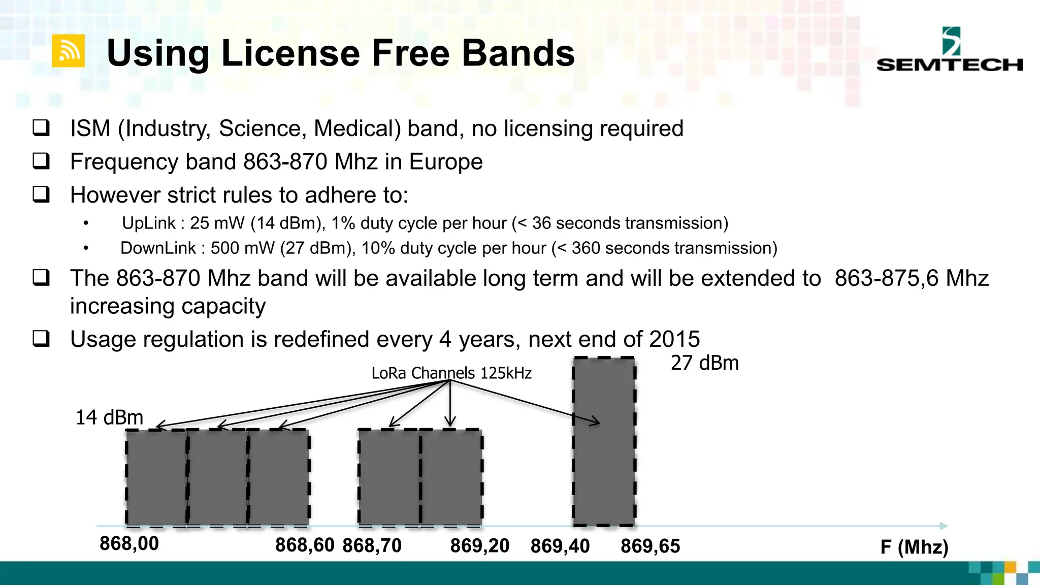  ISM (Industry, Science, Medical) band, no licensing required
 Frequency band 863-870 Mhz in Europe
 However strict rules to adhere to:
• UpLink : 25 mW (14 dBm), 1% duty cycle per hour (< 36 seconds transmission)
• DownLink : 500 mW (27 dBm), 10% duty cycle per hour (< 360 seconds transmission)
 The 863-870 Mhz band will be available long term and will be extended to 863-875,6 Mhz
increasing capacity
 Usage regulation is redefined every 4 years, next end of 2015
Using License Free Bands
LoRa Channels 125kHz
868,00 868,60 868,70 869,20 869,40 869,65 F (Mhz)
14 dBm
27 dBm
 