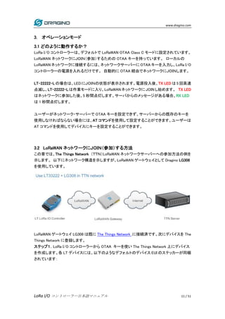 www.dragino.com
LoRa I/O コントローラー日本語マニュアル 11 / 51
3. オペレーションモード
3.1 どのように動作するか？
LoRa I/O コントローラーは、デフォルトで LoRaWAN OTAA Class C モードに設定されています。
LoRaWAN ネットワークにＪＯＩＮ（参加）するための OTAA キーを持っています。 ローカルの
LoRaWAN ネットワークに接続するには、ネットワークサーバーに OTAA キーを入力し、LoRa I/O
コントローラーの電源を入れるだけです。 自動的に OTAA 経由でネットワークにＪＯＩＮします。
LT-22222-L の場合は、LED にＪＯＩＮの状態が表示されます。電源投入後、TX LED は 5 回高速
点滅し、LT-22222-Lは作業モードに入り、LoRaWANネットワークにJOINし始めます。 TX LED
はネットワークに参加した後、5 秒間点灯します。サーバからのメッセージがある場合、RX LED
は 1 秒間点灯します。
ユーザーがネットワーク・サーバーで OTAA キーを設定できず、サーバーからの既存のキーを
使用しなければならない場合には、AT コマンドを使用して設定することができます。ユーザーは
AT コマンドを使用してデバイスにキーを設定することができます。
3.2 LoRaWAN ネットワークにＪＯＩＮ（参加）する方法
この章では、The Things Network （ＴＴＮ）LoRaWAN ネットワークサーバーへの参加方法の例を
示します。 以下にネットワーク構造を示しますが、LoRaWAN ゲートウェイとして Dragino LG308
を使用しています。
LoRaWAN ゲートウェイ LG308 は既に The Things Network .に接続済です。次にデバイスを The
Things Network に登録します。
ステップ１．LoRa I/O コントローラーから OTAA キーを使い The Things Network 上にデバイス
を作成します。各 LT デバイスには、以下のようなデフォルトのデバイス EUI のステッカーが同梱
されています：
 