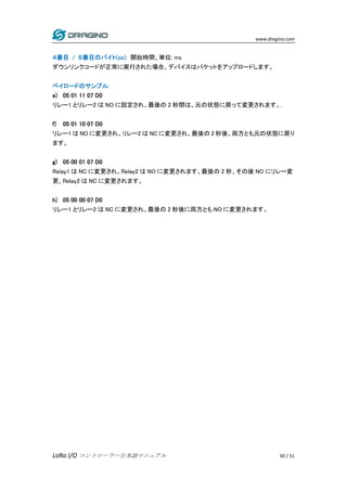 www.dragino.com
LoRa I/O コントローラー日本語マニュアル 30 / 51
４番目 / ５番目のバイト(cc): 開始時間、単位: ms
ダウンリンクコードが正常に実行された場合、デバイスはパケットをアップロードします。
...