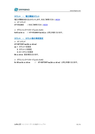 www.dragino.com
LoRa I/O コントローラー日本語マニュアル 31 / 51
カウント - 電圧閾値カウント
電圧が閾値を超えるとカウントします。右をご参照ください。MOD4
 AT コマンド:
AT+VOLMAX //右...