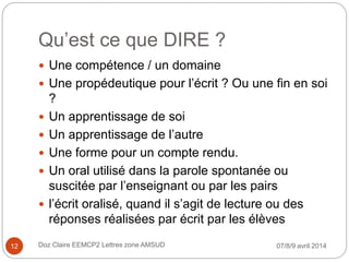 Qu’est ce que DIRE ?
 Une compétence / un domaine
 Une propédeutique pour l’écrit ? Ou une fin en soi
?
 Un apprentissage de soi
 Un apprentissage de l’autre
 Une forme pour un compte rendu.
 Un oral utilisé dans la parole spontanée ou
suscitée par l’enseignant ou par les pairs
 l’écrit oralisé, quand il s’agit de lecture ou des
réponses réalisées par écrit par les élèves
07/8/9 avril 2014Doz Claire EEMCP2 Lettres zone AMSUD12
 